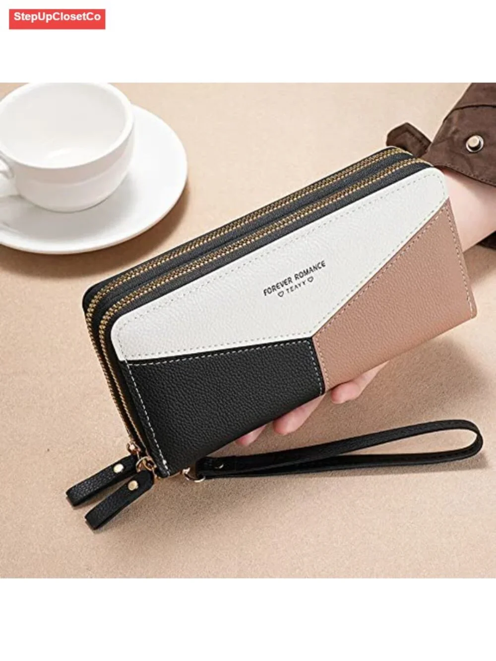 Large Capacity Double Zip Wristlet Wallet for Women with 15 Storage Spaces